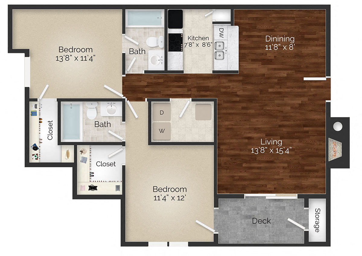 Floor plan for 2 beds, 2 baths, 971 sqft